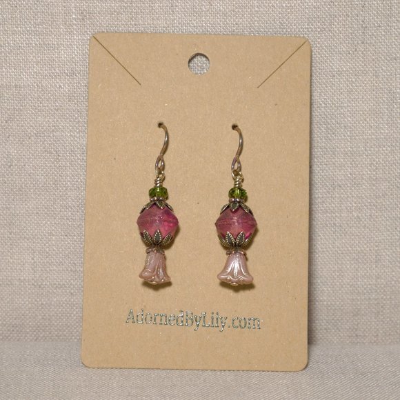 Hand Crafted Handmade Earrings Pink Czech Glass Tulip Beaded Flower Earr… - Picture 2 of 5